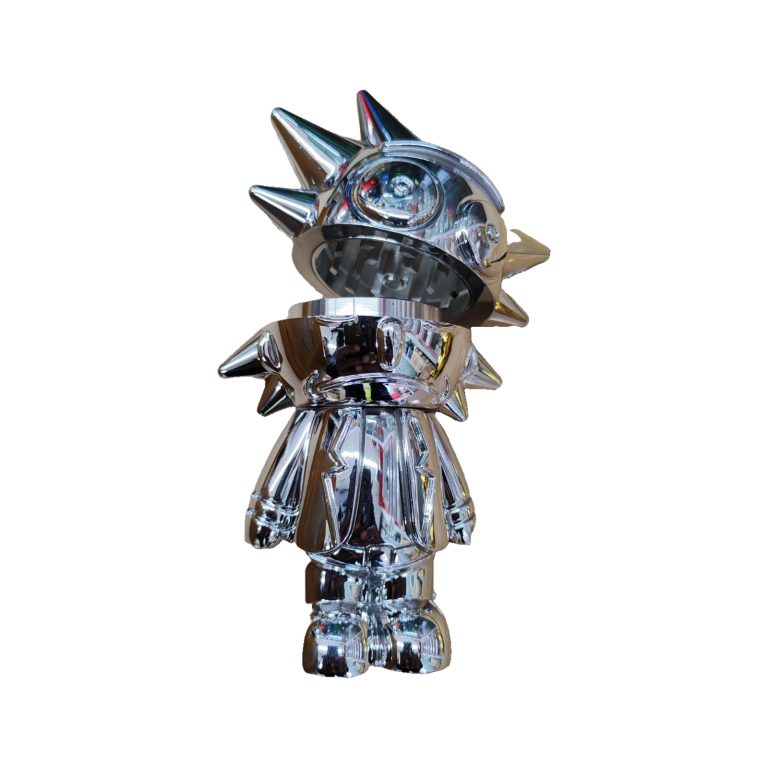 Silver chrome Rick n Morty metal grinder with the head lid removed showing the grinding teeth