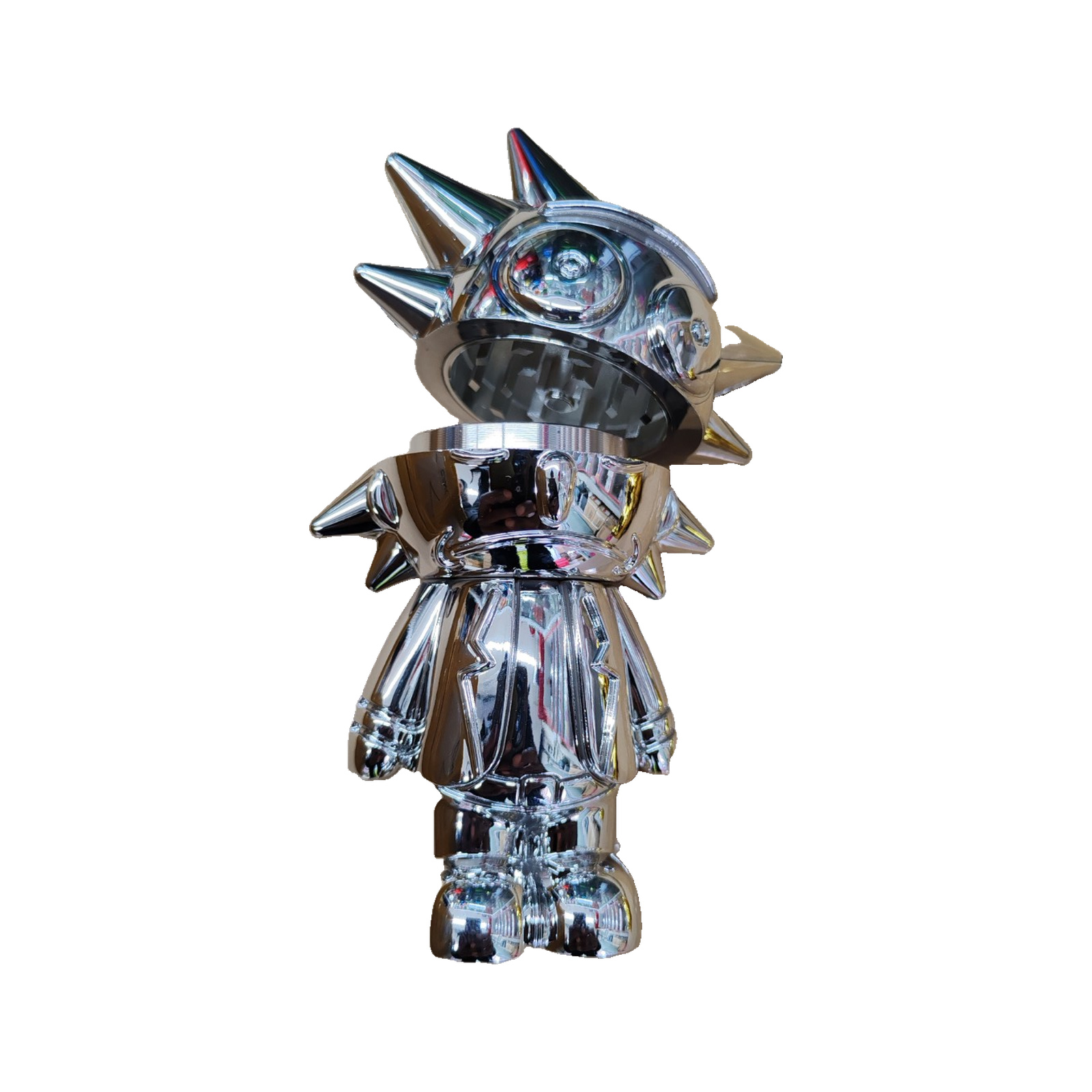 Silver Chrome Rick n Morty Metal Grinder - Open View Silver chrome Rick n Morty metal grinder with the head lid removed showing the grinding teeth