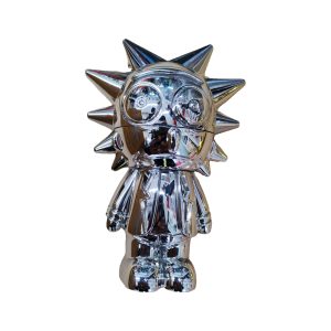 Silver Chrome Rick n Morty Metal Grinder - Closed Front View Silver chrome Rick n Morty metal grinder, closed front view