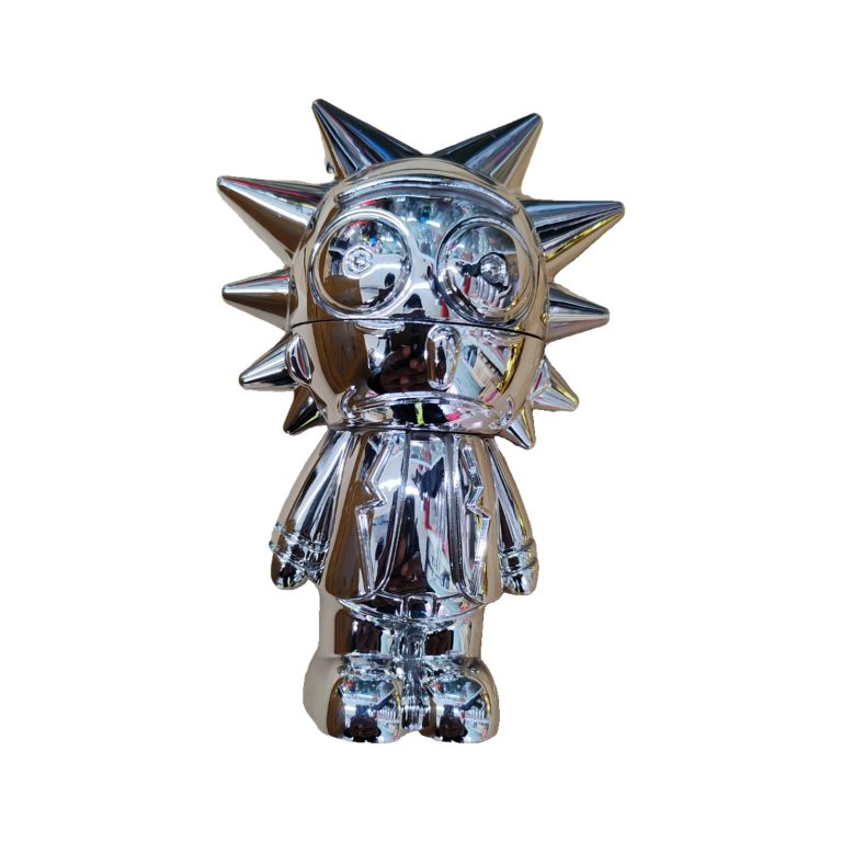 Silver chrome Rick n Morty metal grinder, closed front view