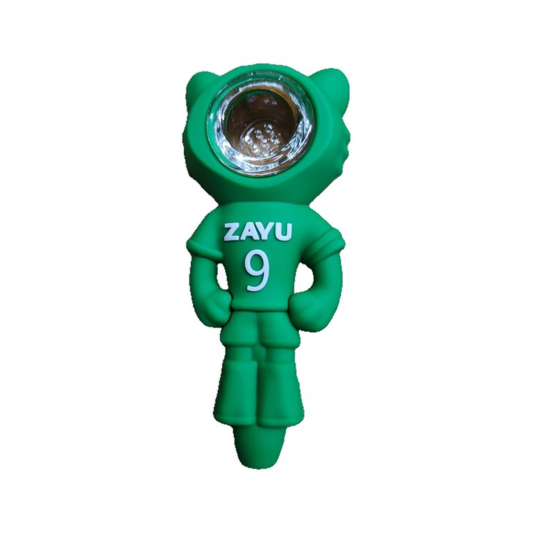 Zayu No. 9 leopard football silicone bong, back view showing the glass bowl