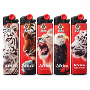 01 Africa Wildlife Refillable Lighters - Main Front Line-Up Africa Wildlife Design Lighters line-up showing all five animal designs