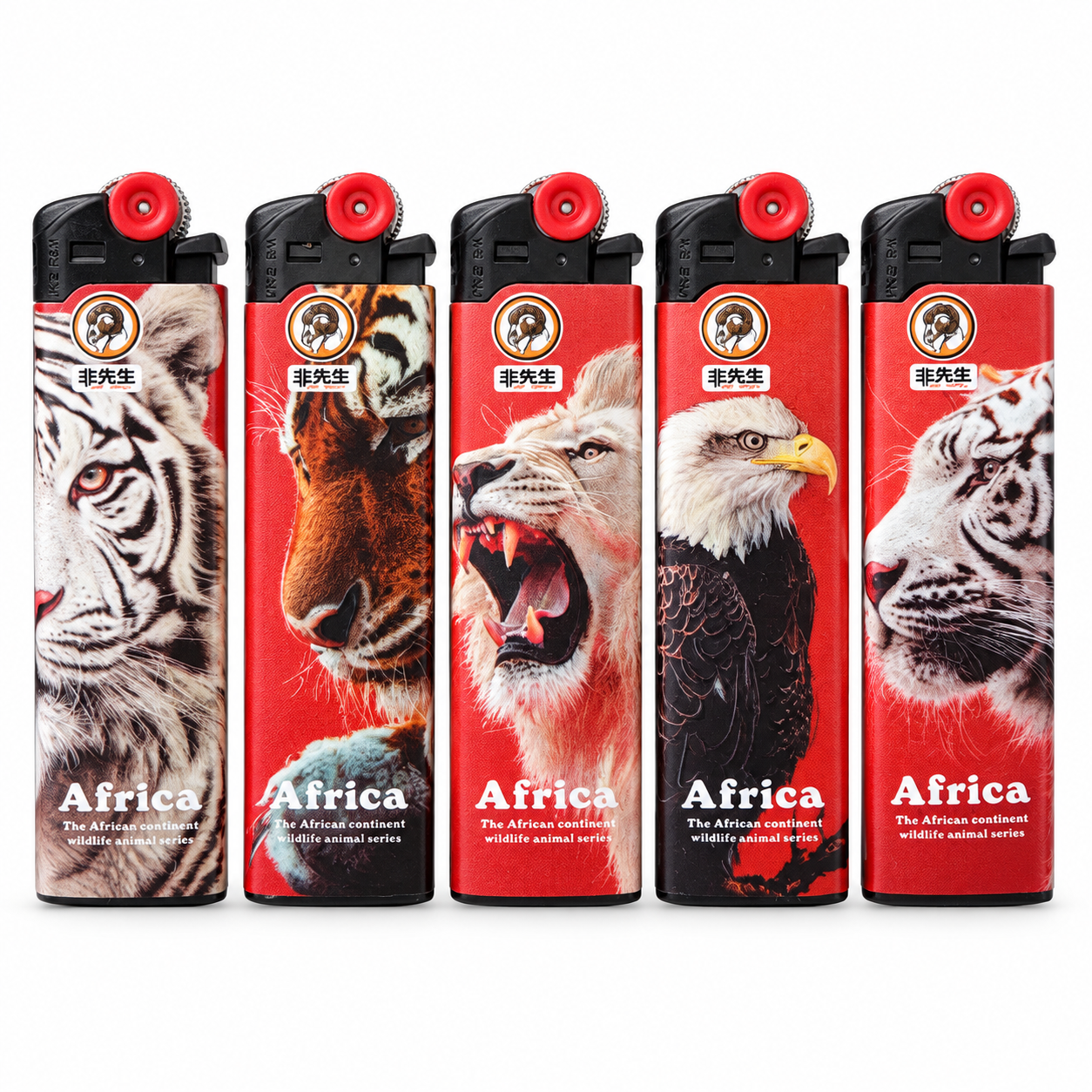 01 Africa Wildlife Refillable Lighters - Main Front Line-Up Africa Wildlife Design Lighters line-up showing all five animal designs