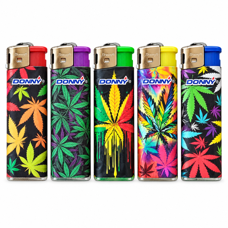 Donny cannabis leaf design lighters line-up showing all five colour designs