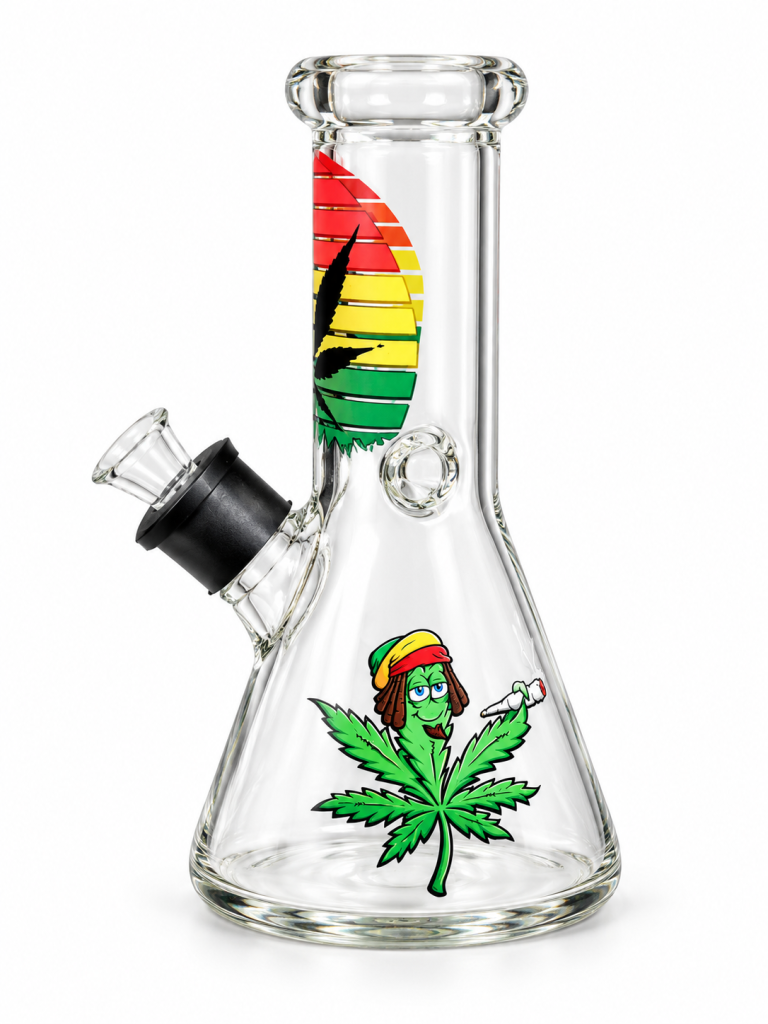 Rasta Leaf Character Beaker Glass Bong with rasta striped neck artwork, a cartoon leaf character on the base and a clear glass bowl