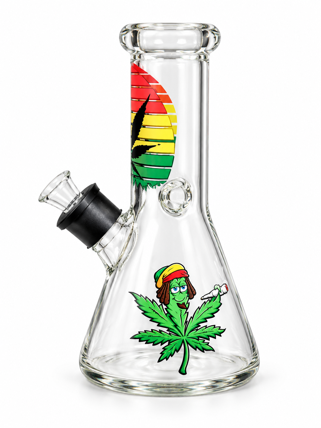 Rasta Leaf Character Beaker Glass Bong with rasta striped neck artwork, a cartoon leaf character on the base and a clear glass bowl