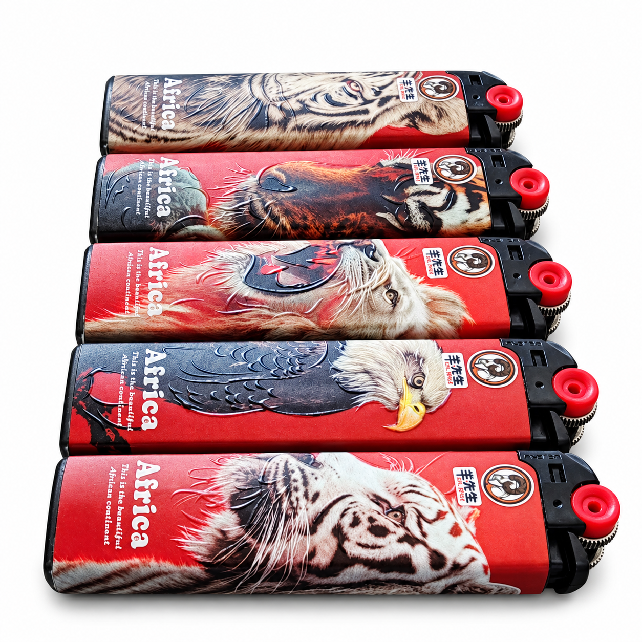 02 Africa Wildlife Refillable Lighters - Angled Artwork View Africa Wildlife Design Lighters angled view showing the printed artwork