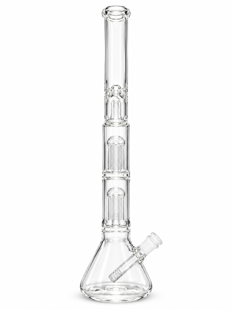 Clear Double Tree Perc Beaker Glass Bong with two stacked tree percolators, ice pinches and a slotted downstem