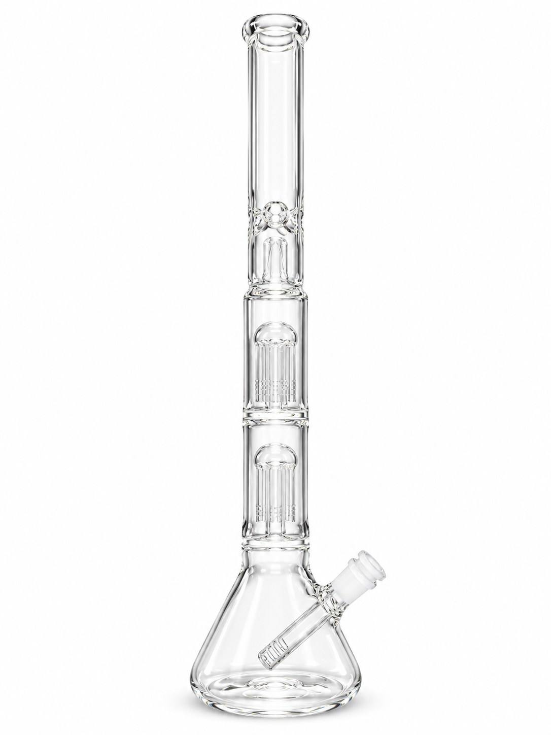 Clear Double Tree Perc Beaker Glass Bong with two stacked tree percolators, ice pinches and a slotted downstem
