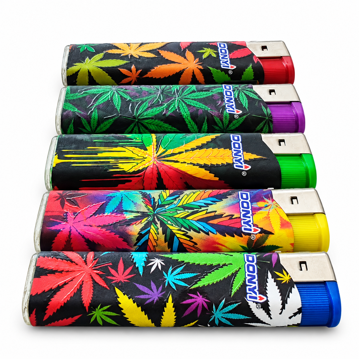 Donny cannabis leaf design lighters angled view showing the printed leaf artwork