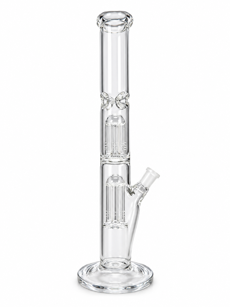 Clear Dual Tree Perc Straight Glass Bong with two tree percolators, ice pinches and a flat disc base