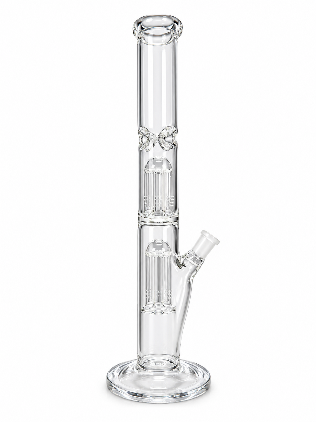 Clear Dual Tree Perc Straight Glass Bong with two tree percolators, ice pinches and a flat disc base