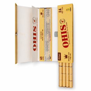 04 OHIS Brown Kingsize Slim Rolling Papers - Papers and 24 Pre-Tips OHIS Brown Kingsize Slim Rolling Papers case open showing the 48 leaves and 24 pre-tips