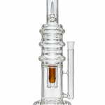 Clear Triple Rib Chamber Glass Bong with three stacked ribbed chambers, an amber inline percolator and a disc base