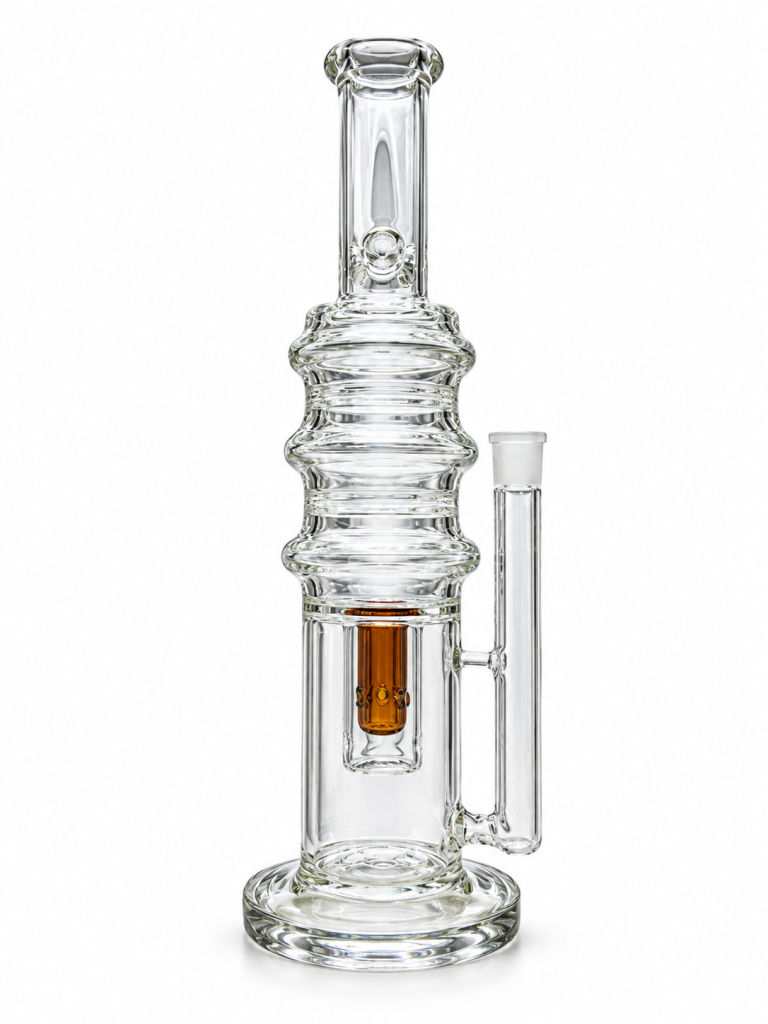 Clear Triple Rib Chamber Glass Bong with three stacked ribbed chambers, an amber inline percolator and a disc base