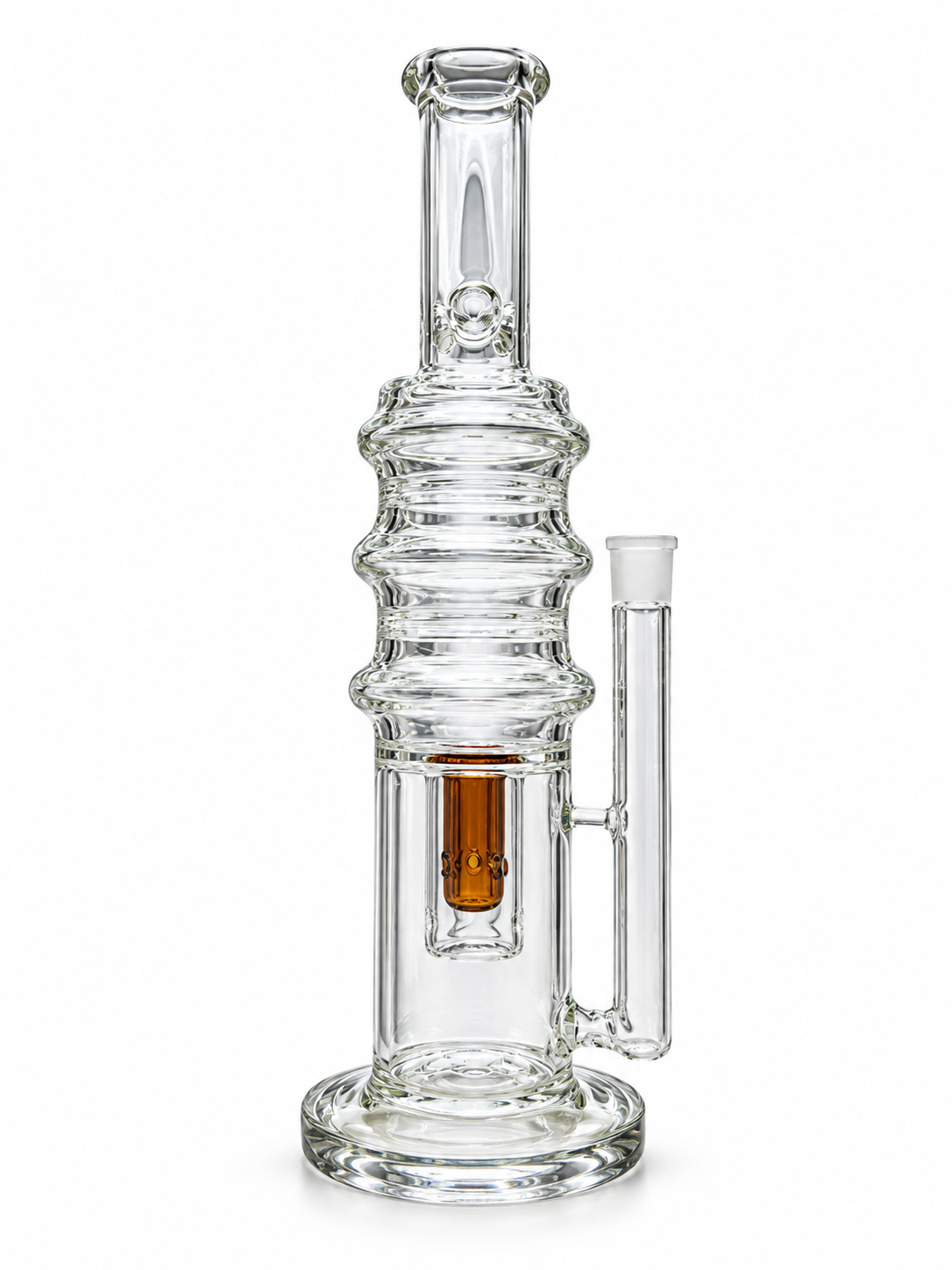 Clear Triple Rib Chamber Glass Bong with three stacked ribbed chambers, an amber inline percolator and a disc base