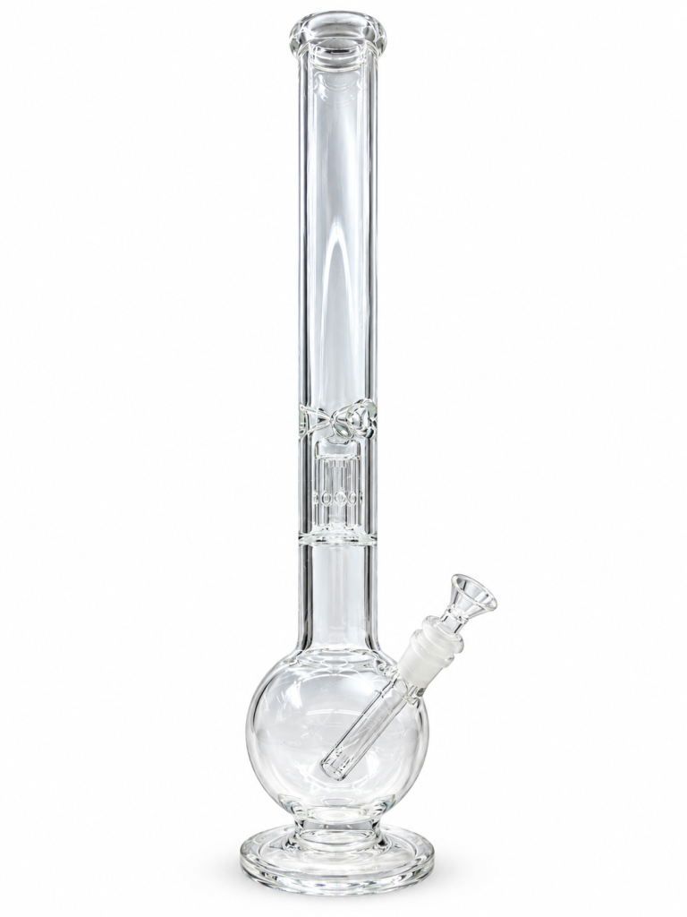 Clear Round Base Single Perc Glass Bong with a round bulb base, single tree percolator, downstem and clear glass bowl
