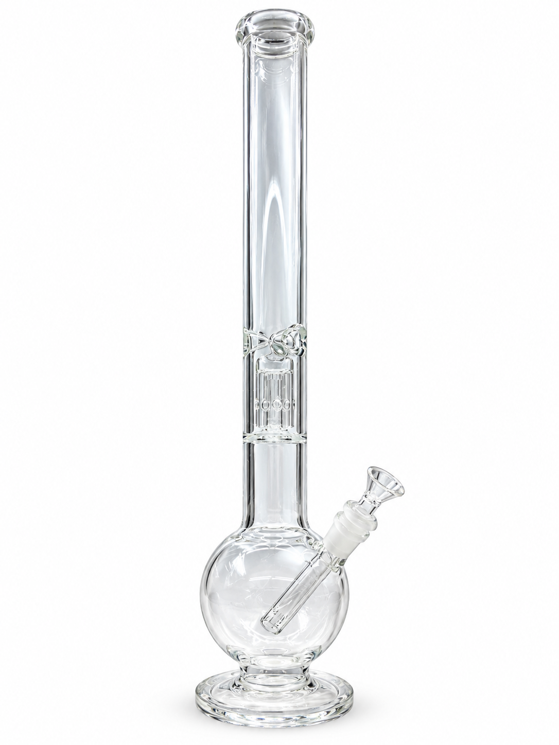 Clear Round Base Single Perc Glass Bong with a round bulb base, single tree percolator, downstem and clear glass bowl