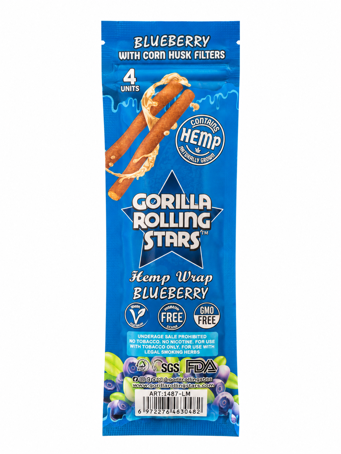 Gorilla Rolling Stars Blueberry hemp wrap pack, back showing corn husk filters