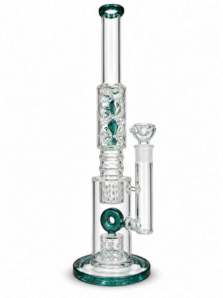 Emerald Green Multi Perc Straight Glass Bong with stacked percolators, emerald green accents and a clear glass bowl