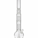Clear Dual Tree Perc Round Base Glass Bong with a round bulb base, two stacked tree percolators and ice pinches