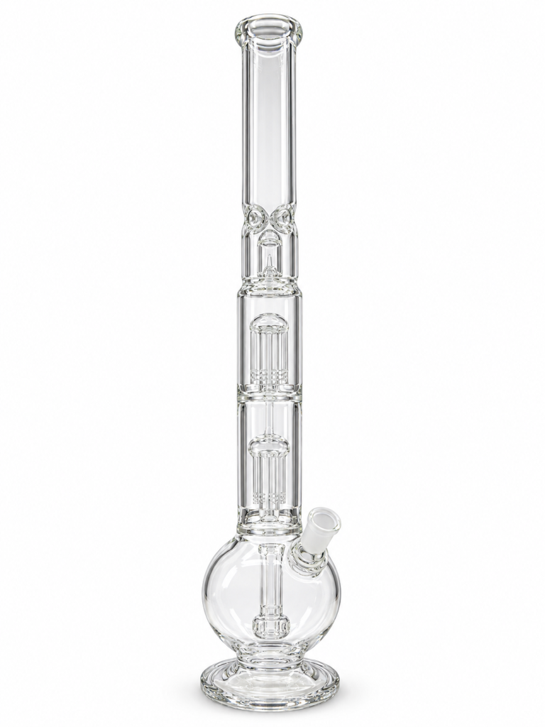 Clear Dual Tree Perc Round Base Glass Bong with a round bulb base, two stacked tree percolators and ice pinches