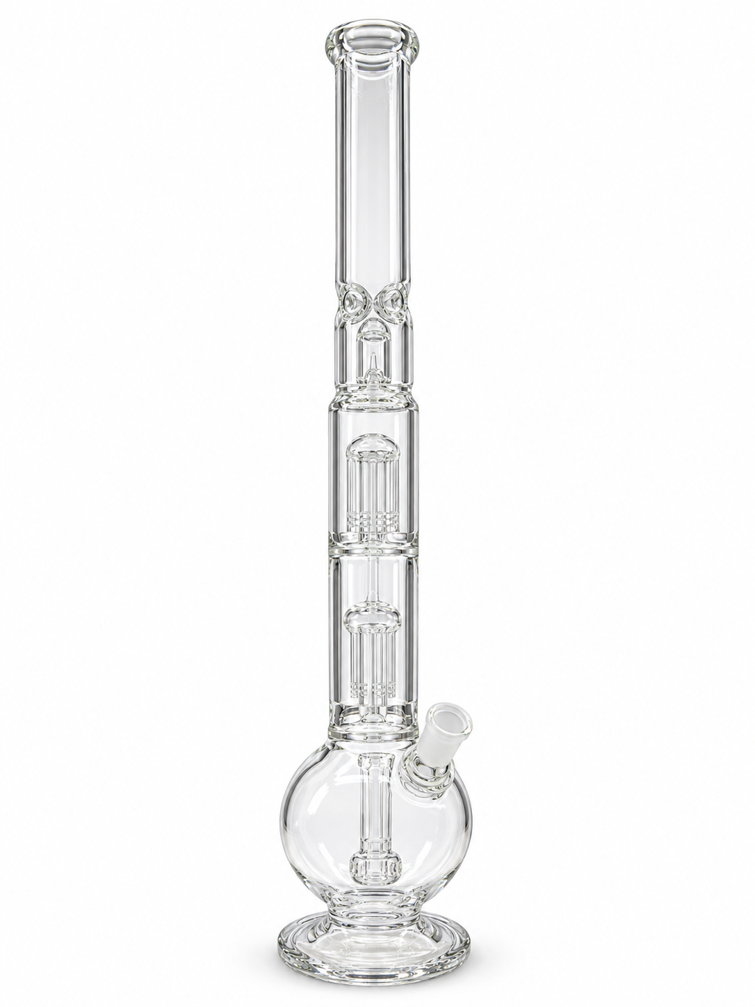Clear Dual Tree Perc Round Base Glass Bong with a round bulb base, two stacked tree percolators and ice pinches