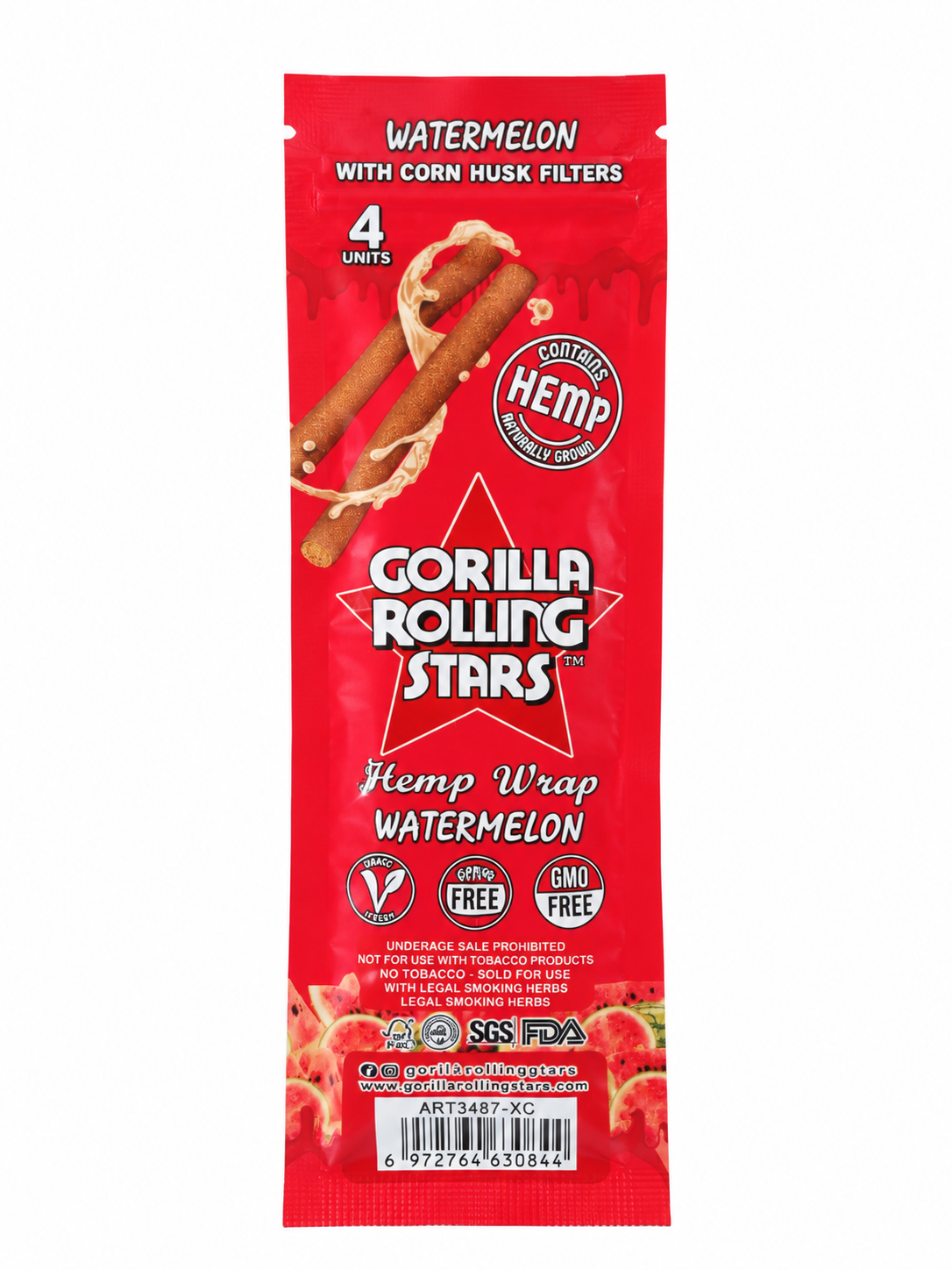 Gorilla Rolling Stars Watermelon hemp wrap pack, back showing corn husk filters