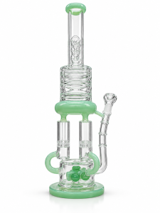 Mint Green Triple Chamber Recycler Glass Bong front view with three chambers, mint green recycler arms and a clear glass bowl