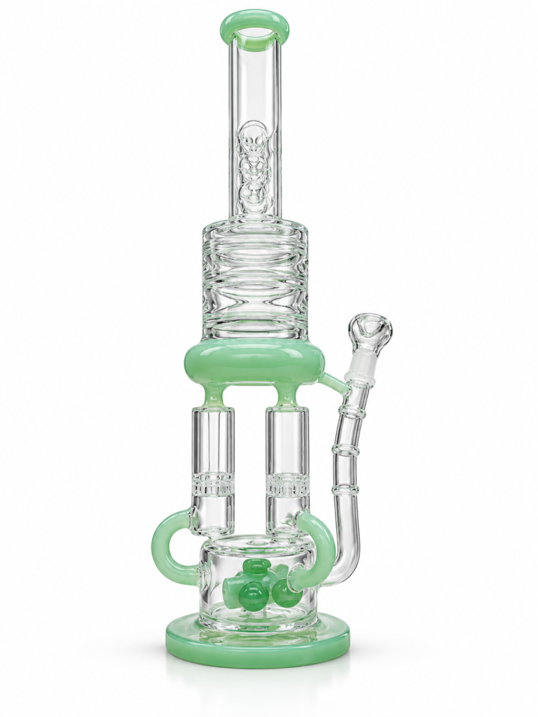 Mint Green Triple Chamber Recycler Glass Bong front view with three chambers, mint green recycler arms and a clear glass bowl