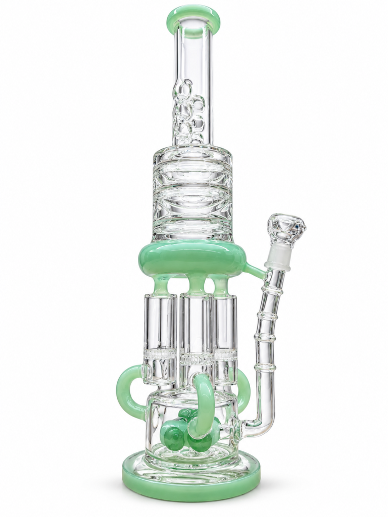 Mint Green Triple Chamber Recycler Glass Bong angled view showing the chambers, percolators and recycler arms
