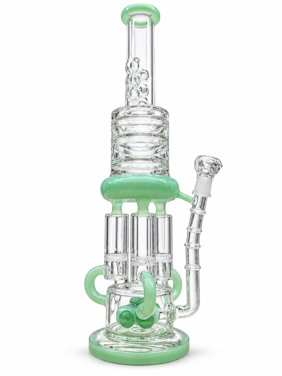 Mint Green Triple Chamber Recycler Glass Bong angled view showing the chambers, percolators and recycler arms